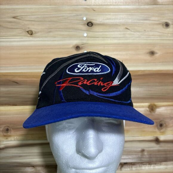 Vintage 90s Ford Racing Splash Swirl Snapback Hat Cap Sport Blue Black Nascar - Picture 2 of 7